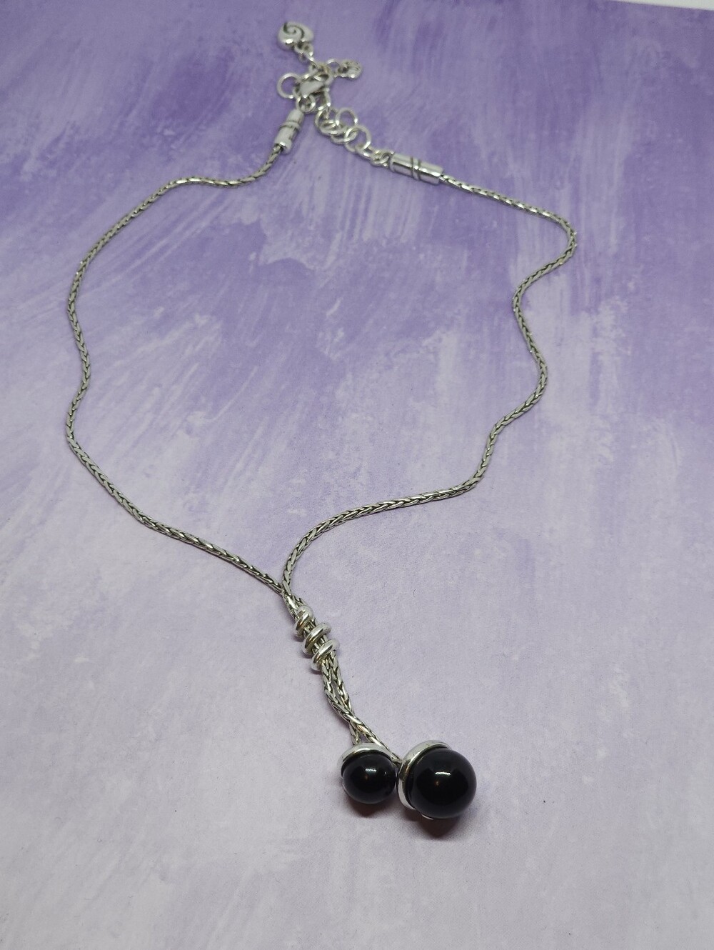 Brighton Bolero Black Onyx Orb Lariat Silver Tone Necklace